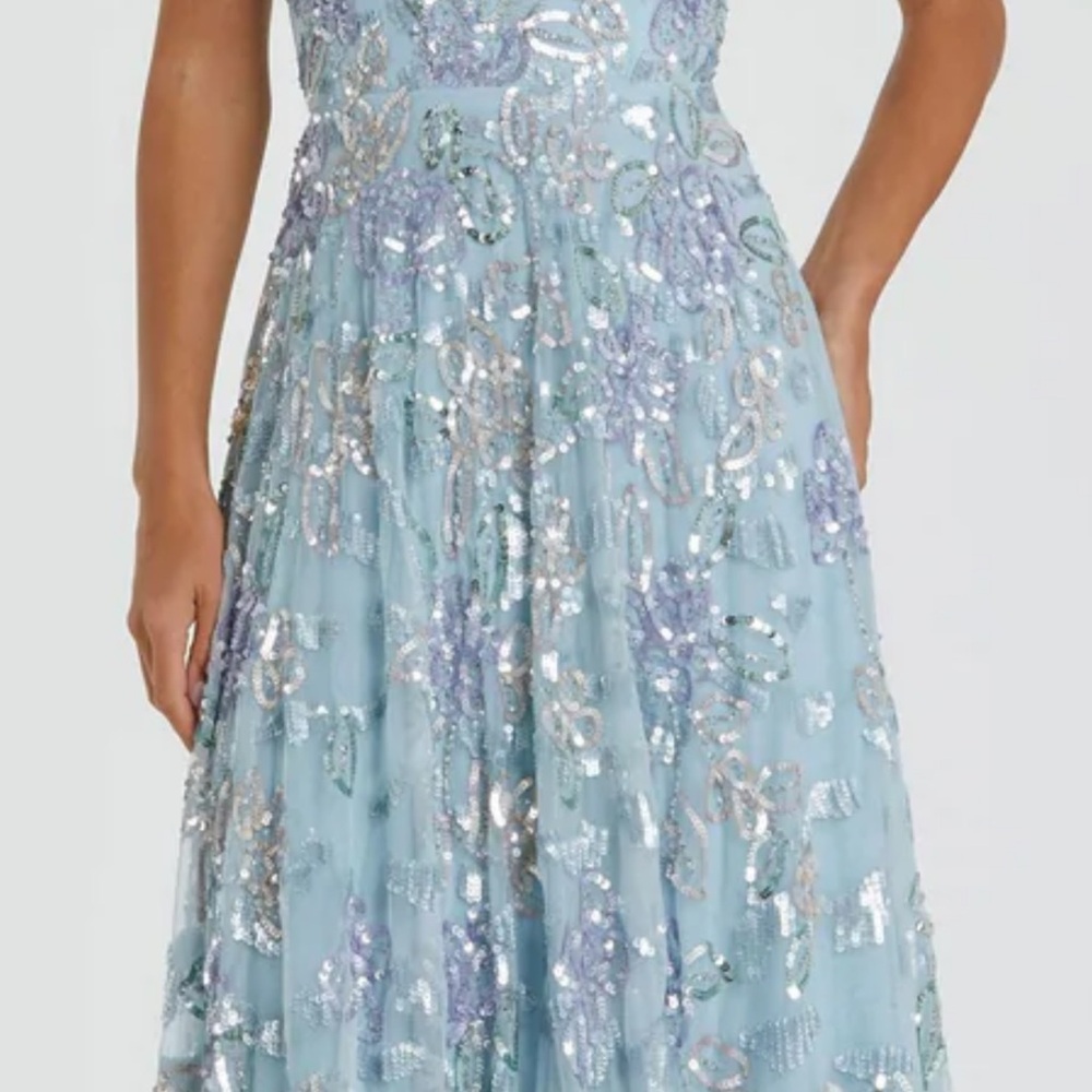 Mac Duggal Light Blue Sequin High neck cap sleeve A line A-line Evening Dress